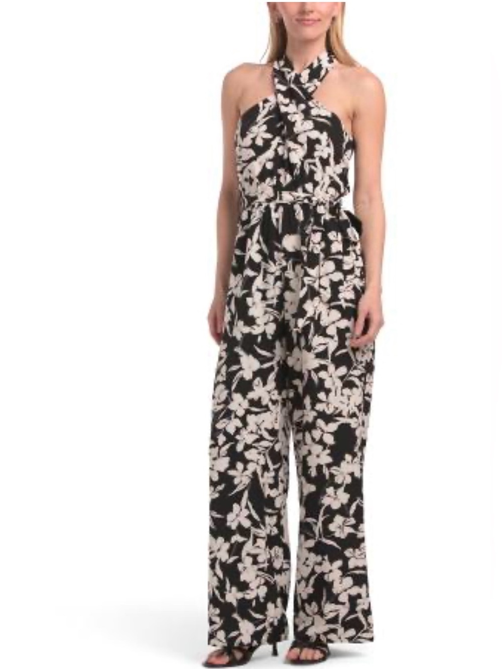 London Times Black and Cream Floral Halter Jumpsuit with Waist Tie
